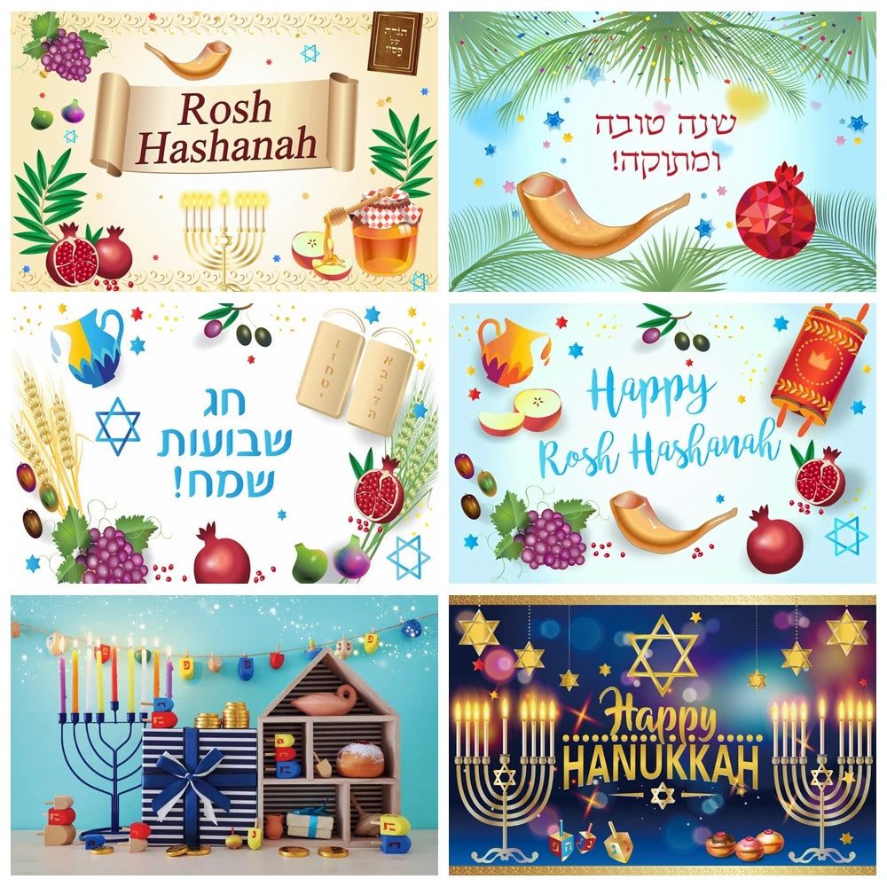 Rosh Hashanah Photography Backdrop Jewish New Year Happy Hanukkah Tropical Fruit Palms Candelabra Candle Decor Photo Background